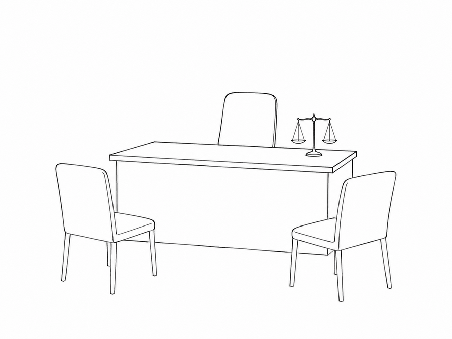 Sparse pencil sketch of a legal office with a desk and client chairs